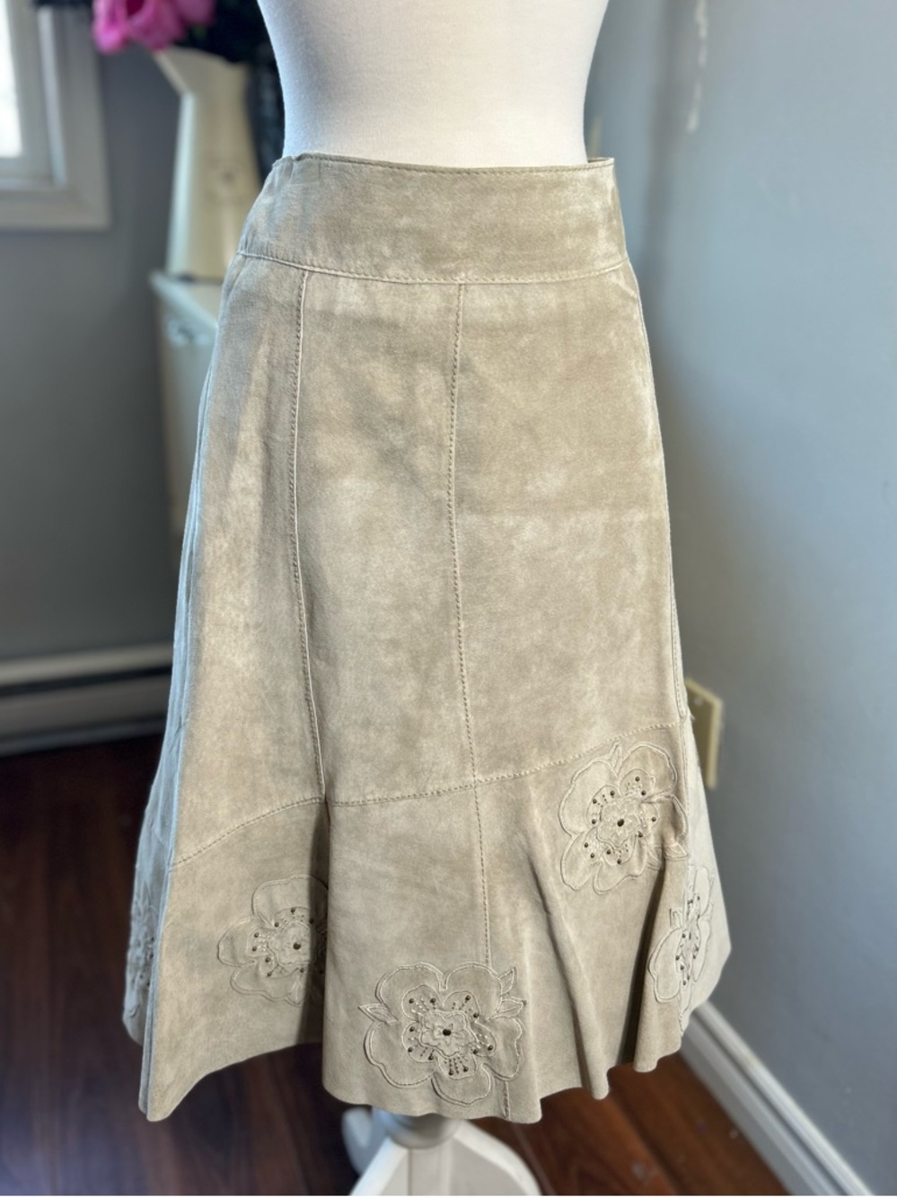 Vintage Genuine Suede Floral Embroidered Midi Skirt XL | Boho West